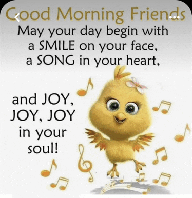 a picture of a cartoon chicken with a quote that says " good morning friends may your day begin with a smile on your face "
