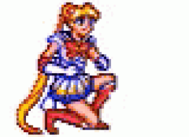 a pixel art of a woman in a superhero costume holding a gun .