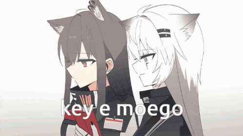 a drawing of two anime characters with the words key e moego written below them