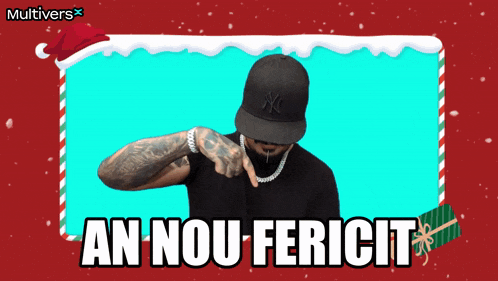 a man wearing a ny hat is pointing at the camera with the words an nou fericit in the corner