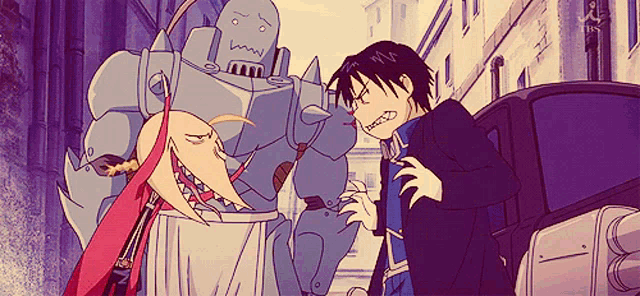 a group of cartoon characters are standing next to each other and one of them has a huge mouth