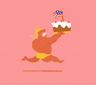 a cartoon of a man holding a cake with an american flag on top .