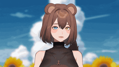 a girl with brown hair and blue eyes is wearing a bear costume