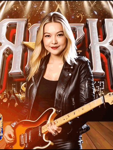 a woman in a leather jacket holding a guitar in front of a sign that says rock