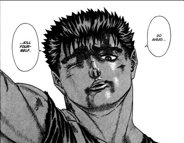 a black and white drawing of a man with a speech bubble saying " kill your self "