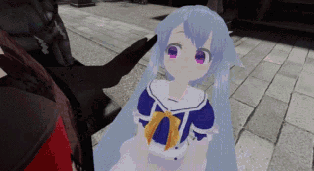 a girl with purple eyes and white hair is standing next to another girl