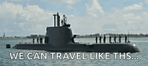 a submarine is floating in the water with the words we can travel like this