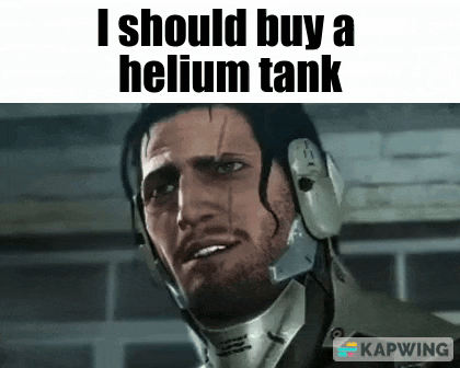 a man in a helmet is making a funny face while talking about buying a helium tank .