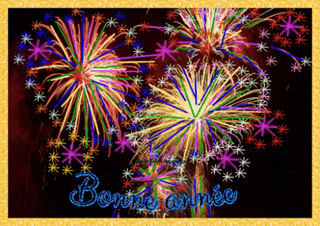 a colorful fireworks display with the words bonne annee in blue