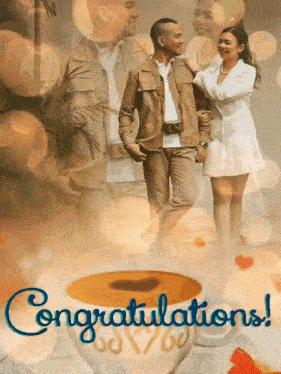 a couple standing next to a cup of coffee with the words congratulations on the bottom