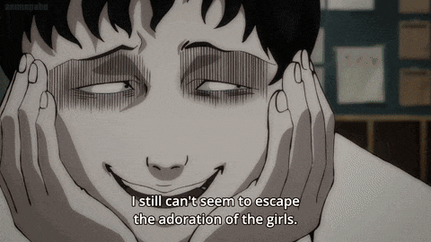 a black and white drawing of a man with the words i still can 't seem to escape the adoration of the girls below him
