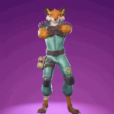 a fox in a blue suit is standing with his hands on his hips and holding a gun .