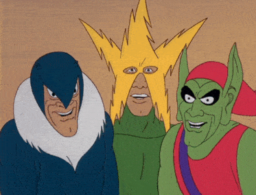 three cartoon characters are posing for a picture with one of them wearing a yellow lightning bolt on his head