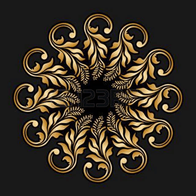 a golden circular pattern with leaves and swirls on a black background .