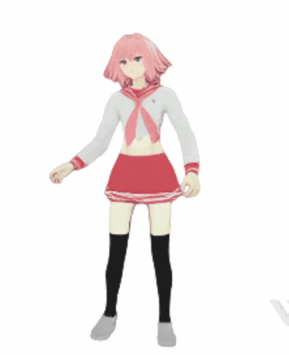 a girl with pink hair and red shorts is standing in front of a white background .