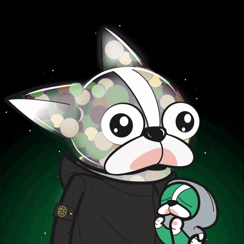 a cartoon drawing of a dog wearing a helmet with bubbles on it
