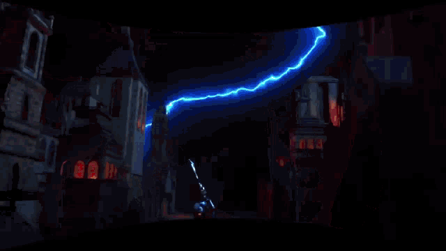 a lightning bolt strikes a building in a city
