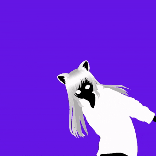 a drawing of a girl with cat ears and a black face on a purple background
