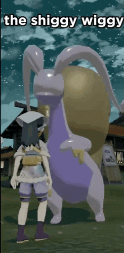 a video game character is standing next to a giant purple and white monster with the caption the shiggy wiggy