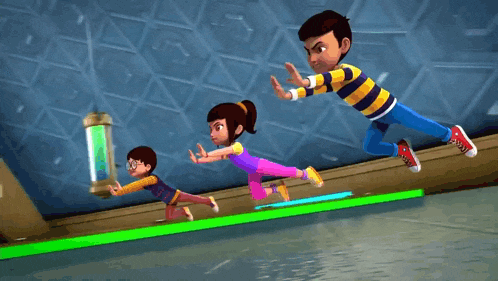 a boy and two girls are flying through the air in a video game