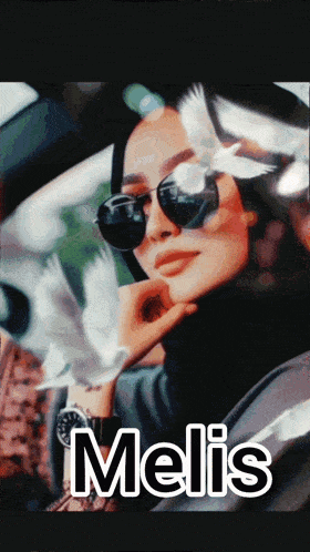a picture of a woman wearing sunglasses and the name melis on the bottom