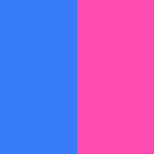 a blue and pink background with a cartoon character on the left