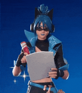 a girl with blue hair is holding a piece of paper with a pink heart on it