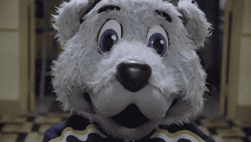 a stuffed animal with blue eyes is wearing a blue and white shirt
