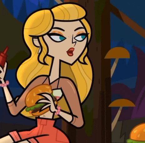 a cartoon woman is holding a hamburger and ketchup in her hand