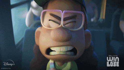 a close up of a cartoon character with the words win and lose on the bottom