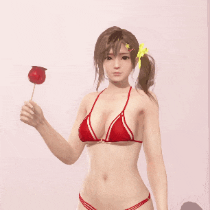 a woman in a red bikini is holding a red lollipop .