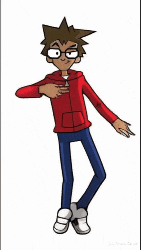 a cartoon character wearing glasses and a red hoodie is standing on a white background .