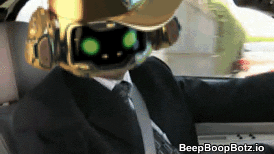 a man in a suit and tie is driving a car with beep boopbotz.io on the bottom right