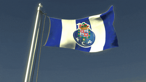 a blue and white flag with the letters fc and d on it