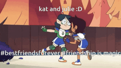 a cartoon of kat and julie kissing each other