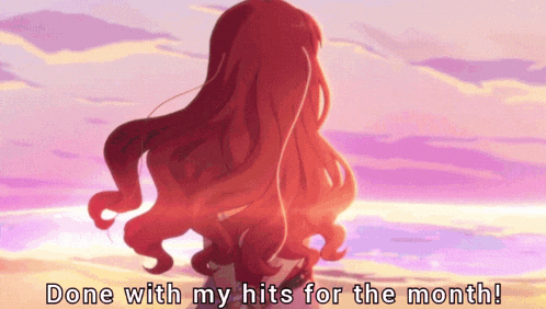 a picture of a girl with red hair and the words done with my hits for the month below her