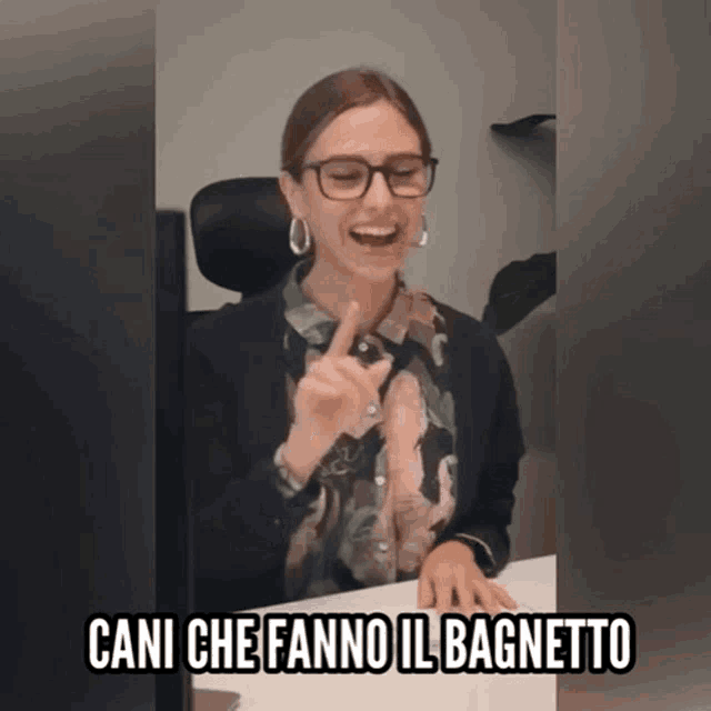 a woman sitting at a desk with the words cani che fanno il bagnetto on the bottom