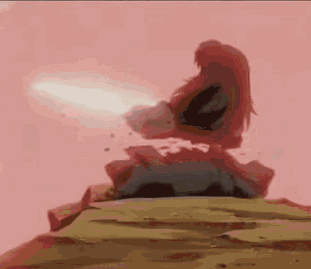 a cartoon character is sitting on a rock with a pink background