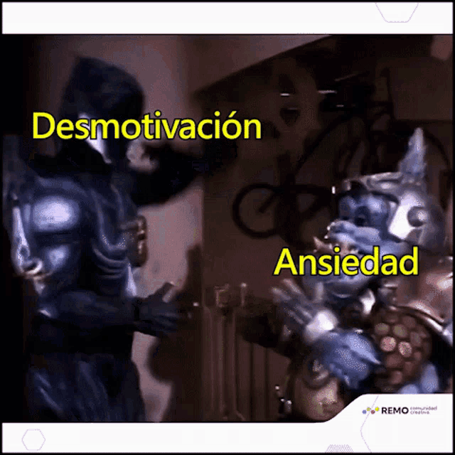 a picture of two monsters with the words desmotivacion and ansiedad in yellow