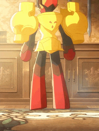 a cartoon character with red and yellow arms and legs is standing in front of a cabinet