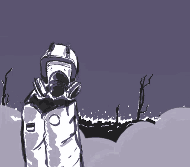 a drawing of a person wearing a gas mask and helmet