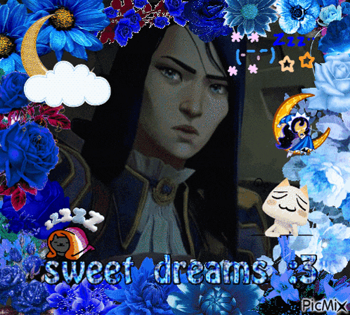 a picture of a woman surrounded by blue flowers says sweet dreams 3