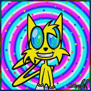 a cartoon drawing of a cat with a spiral background