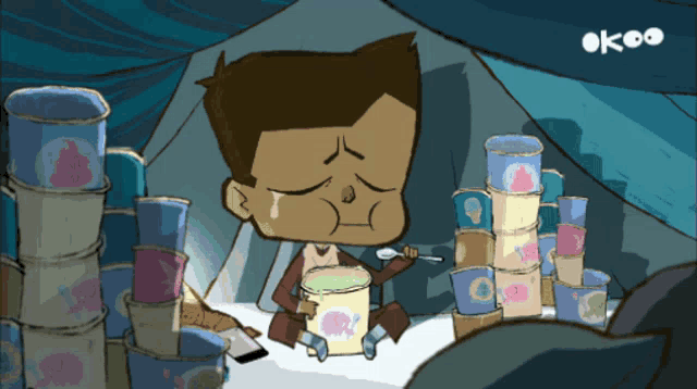 a cartoon of a boy sitting in front of a stack of cans with the word okeo on the bottom right