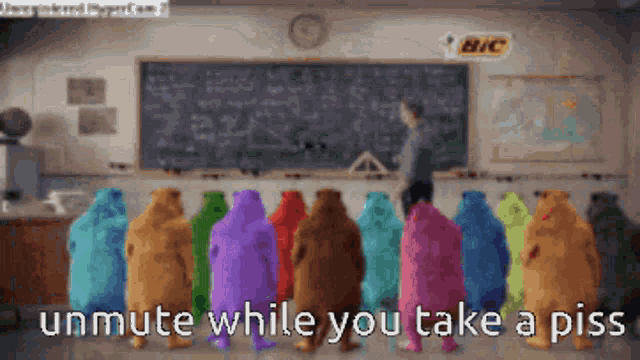 a group of colorful teddy bears are standing in front of a blackboard with a bic logo