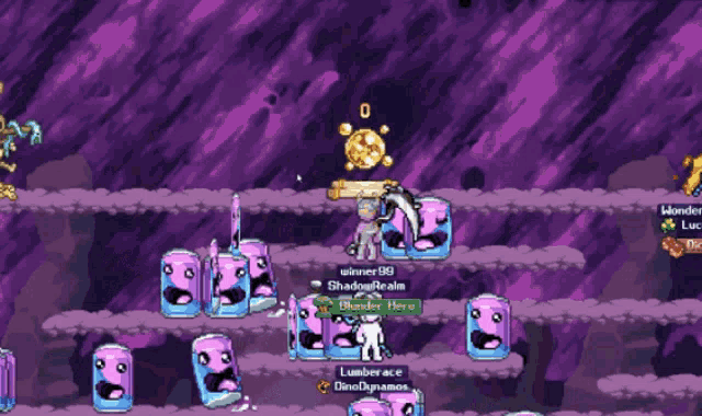a screenshot of a video game with purple cans with faces on them and a player named lumberace