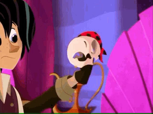 a cartoon character is holding a skull in his hand while standing next to another character .