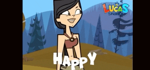 a lucas & friends cartoon with a girl in a bikini and the words happy