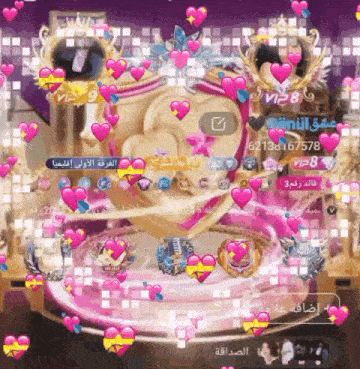 a screenshot of a video game with pink hearts and the number 8