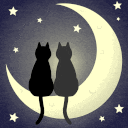 two black cats sitting on a crescent moon